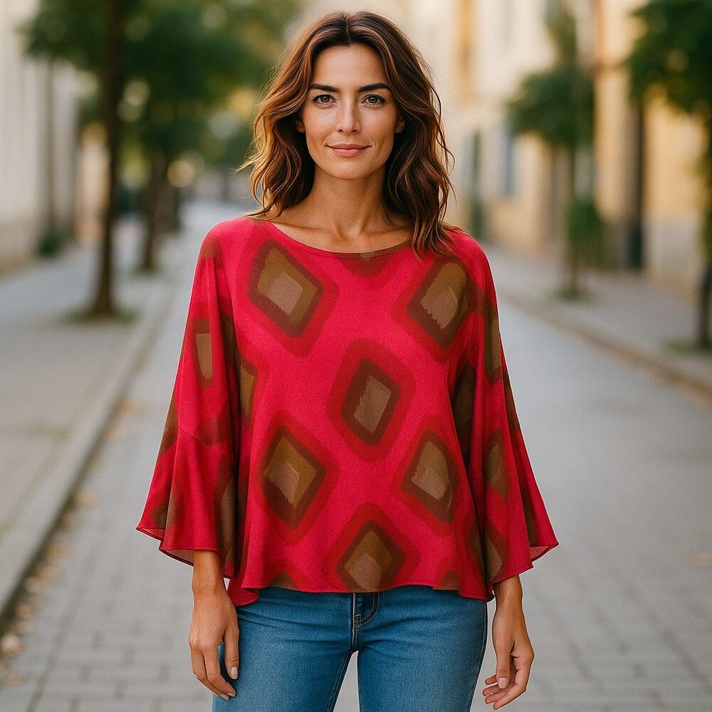 IndoMario‎ Womens Abstract Geometric Blouse Dark Coral Brown Size S/M